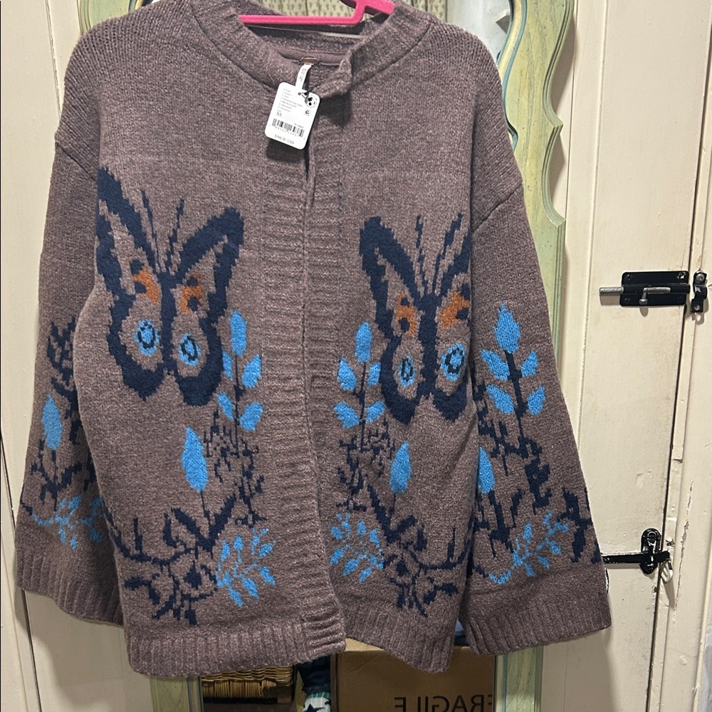 Free People Brown and Blue Butterfly Cardigan